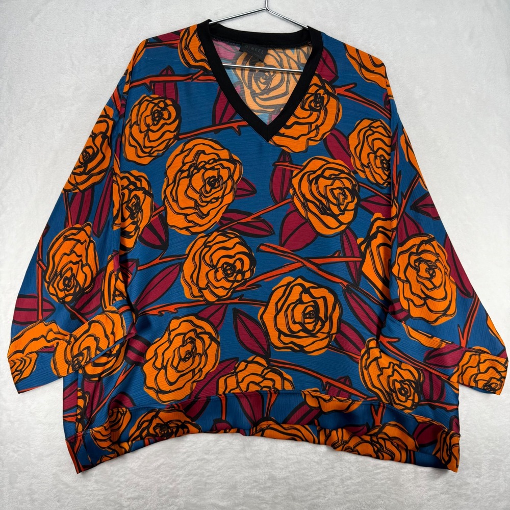 Q/NEEL Floral Print V-Neck Blouse Top Oversized Pullover Women's Size 10